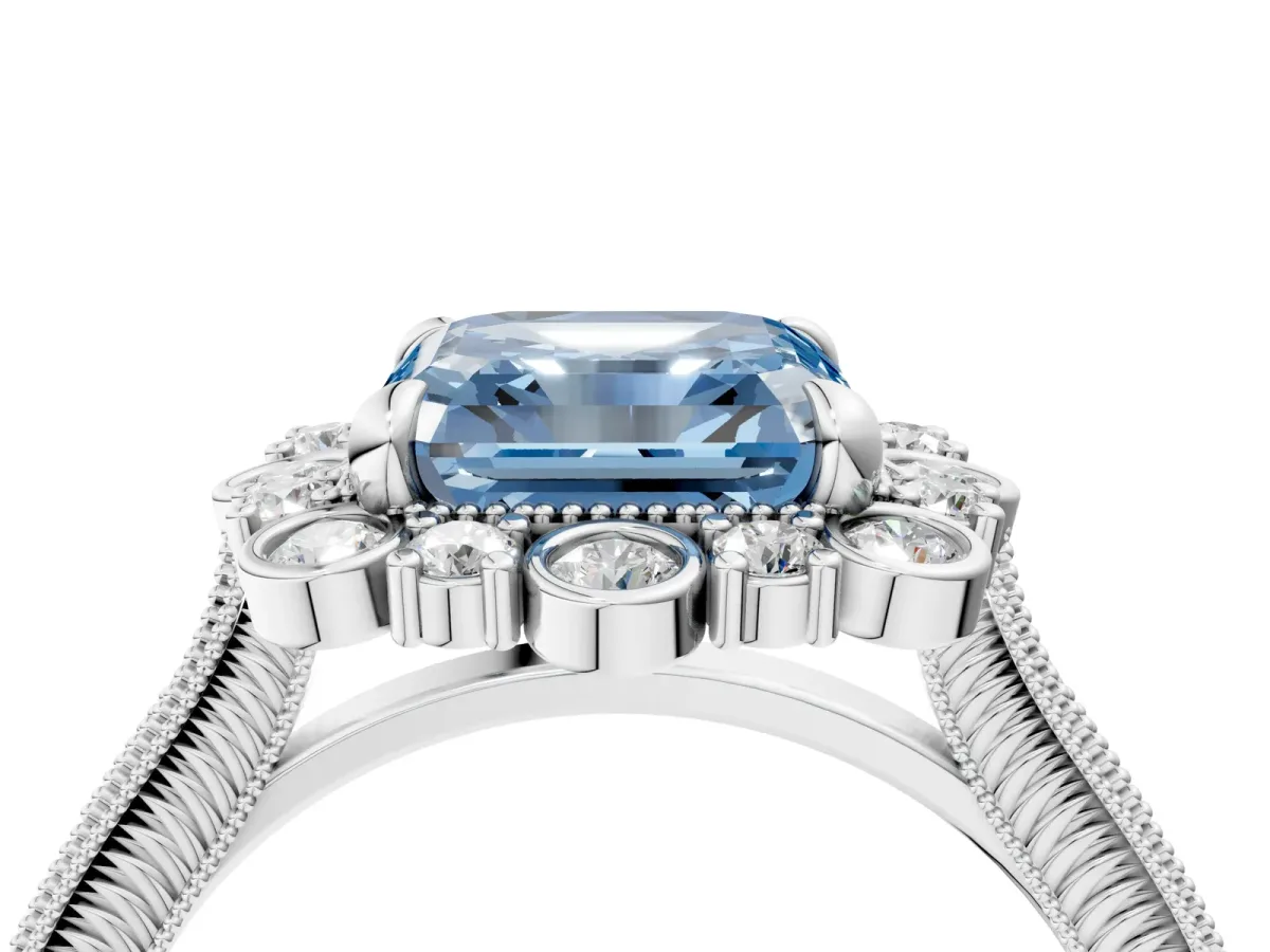 Fancy Blue Asscher Cut Halo Milgrain Pave Diamond Ring with Four-Prong Setting Platinum