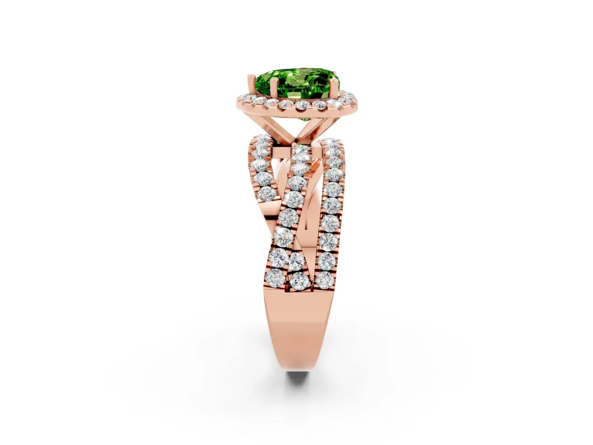 Heart Cut Peridot Halo Ring with Round Split Shank and Prong Setting Rose gold