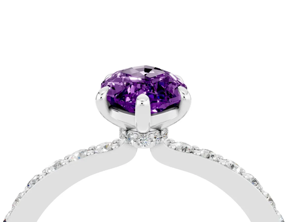 Marquise Cut Amethyst Solitaire Engagement Ring with Pavé Band and Four-Prong Setting Silver