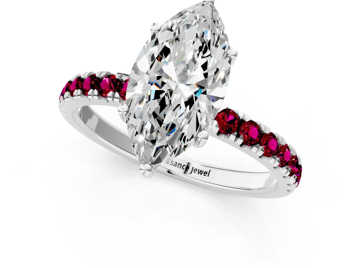 Marquise Cut Diamond Pave Band Solitaire Ring with Round Garnet and Prong Setting Platinum
