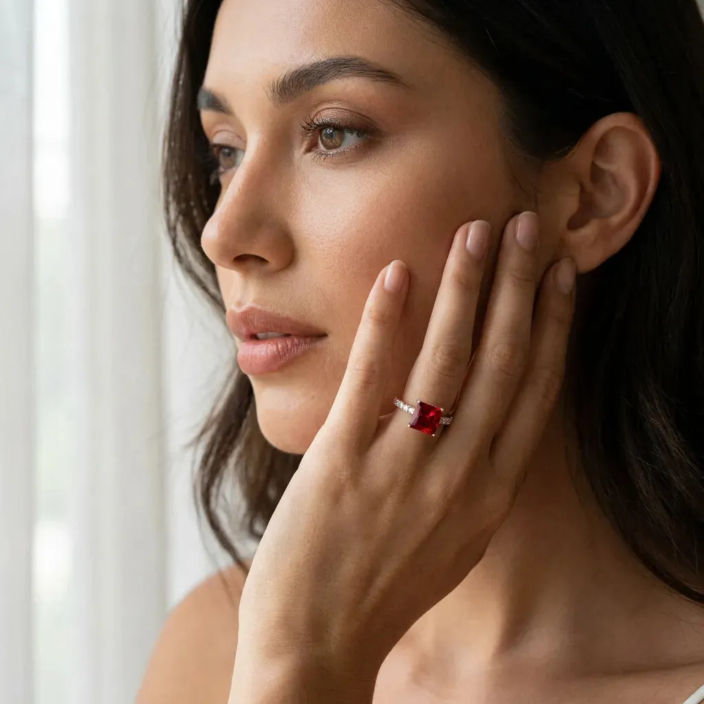 Princess Cut Ruby Solitaire Ring with Round Pavé Band and Four-Prong Setting Rose gold