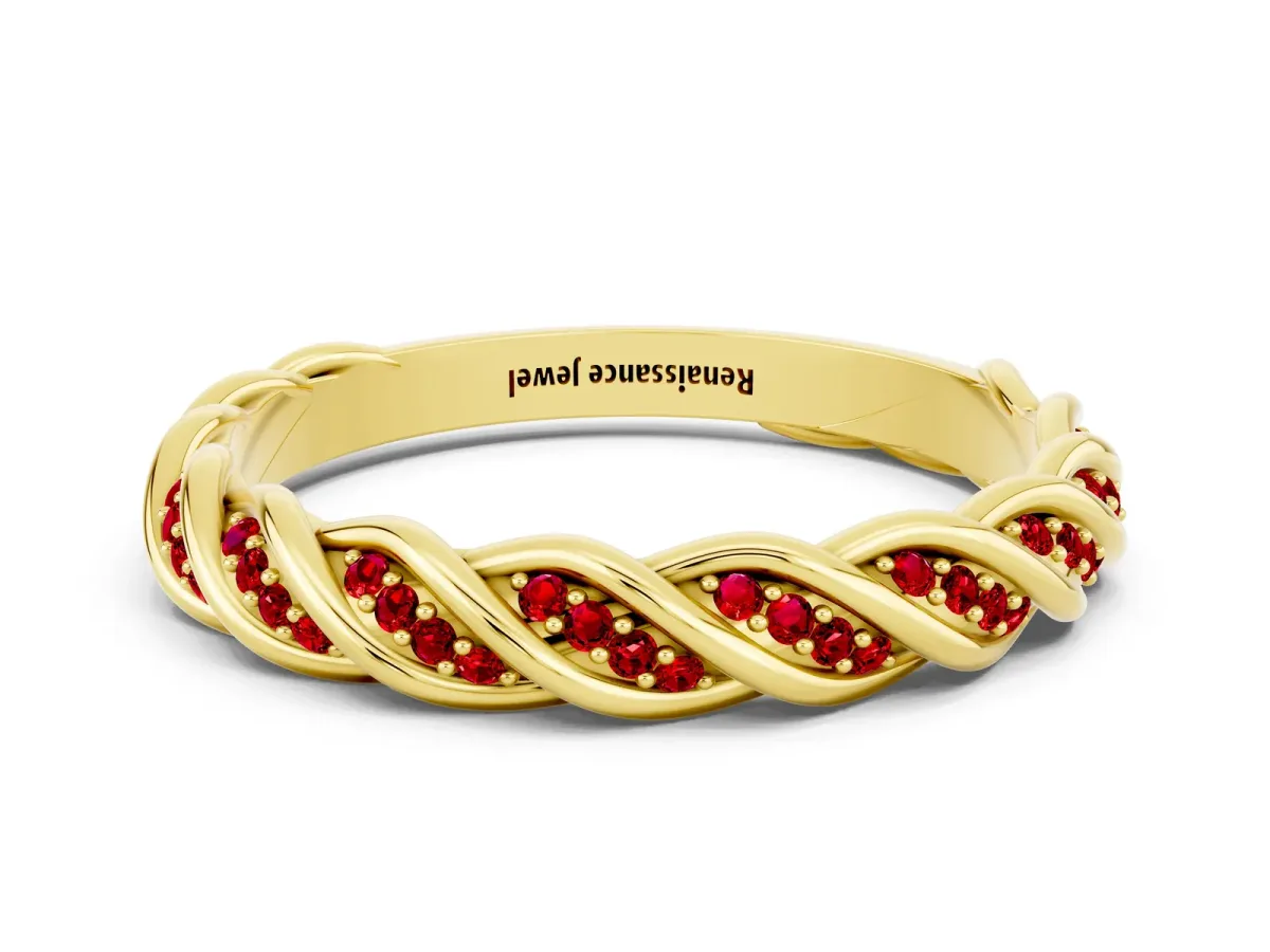 Twisted Pavé Round Ruby Eternity Band with Shared Prong Setting Yellow gold