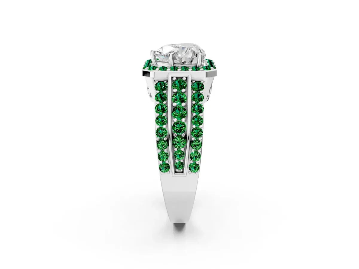 Heart Cut Halo Diamond Ring with Round Emerald Split Shank and Prong Setting Silver