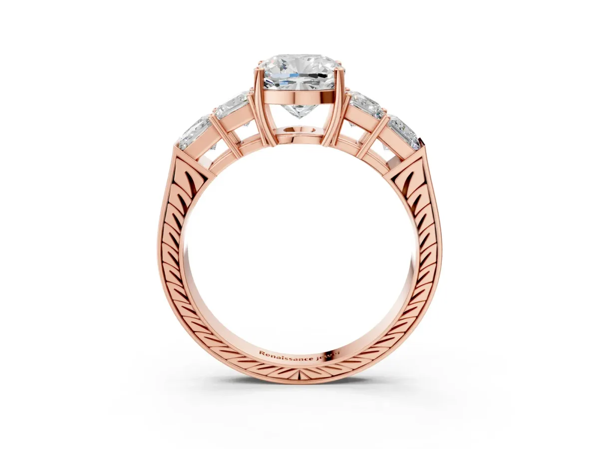 Cushion Cut Solitaire Princess Side Stone Engraved Band Prong Setting Ring Rose gold