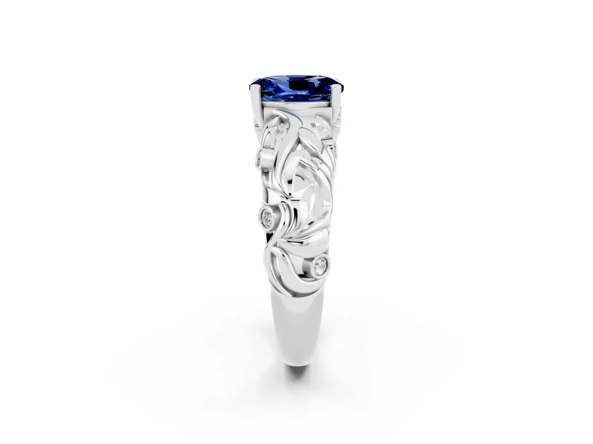 Oval Cut Solitaire Blue Sapphire Leaf-Inspired Vine Band Ring with Prong Setting White gold