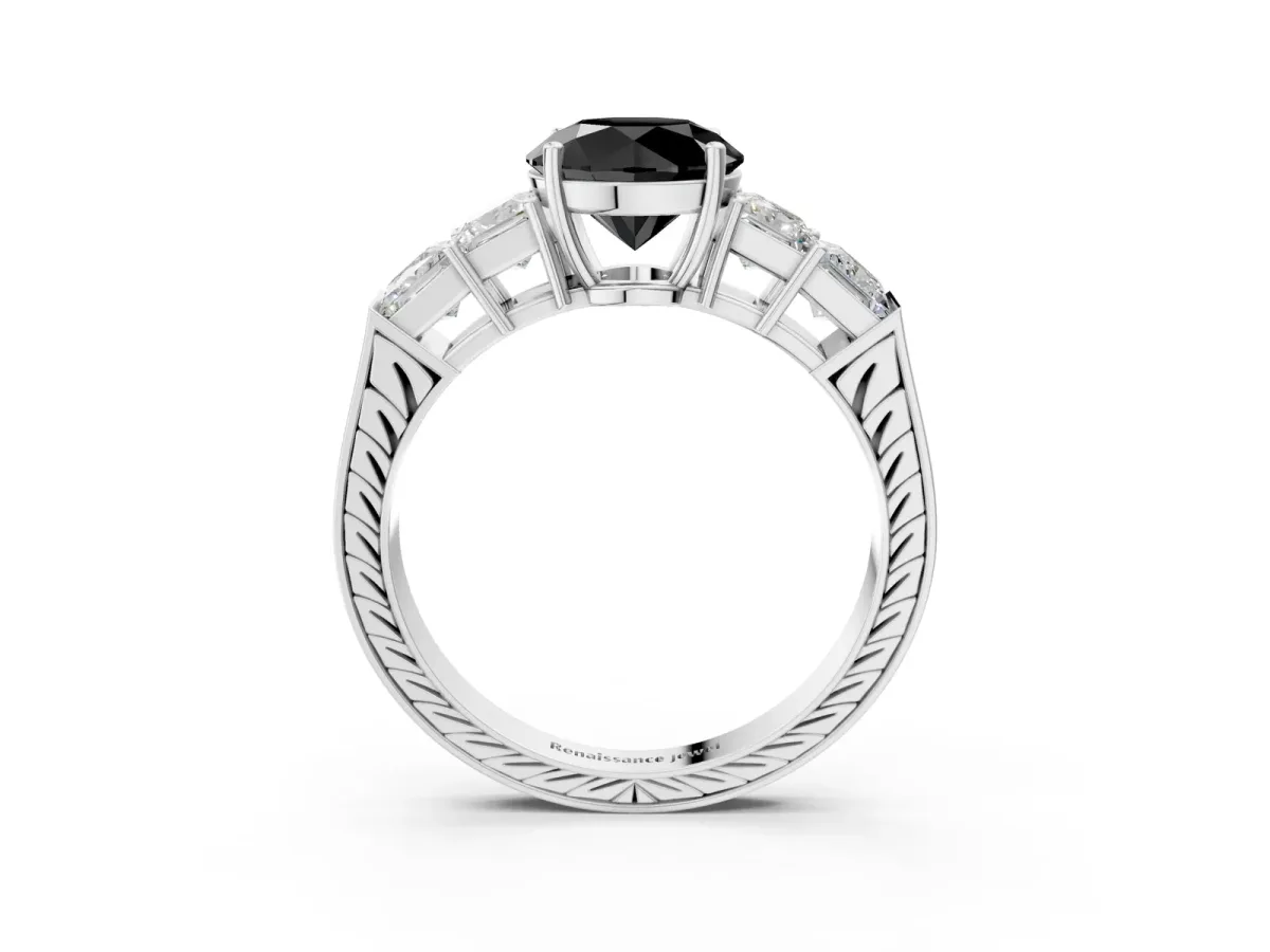 Fancy Black Round Cut Solitaire Princess Side Stone Engraved Band Prong Setting Ring White gold