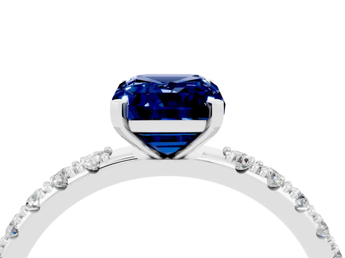 Emerald Cut Blue Sapphire Solitaire Pavé Band with Four-Prong Setting Silver