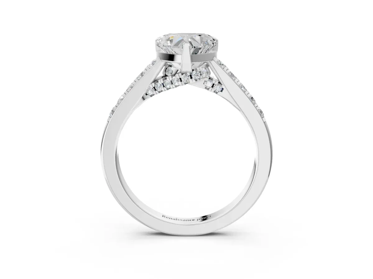 Heart Cut Diamond Solitaire Ring with Crossover Gallery and Round Pavé Band Silver