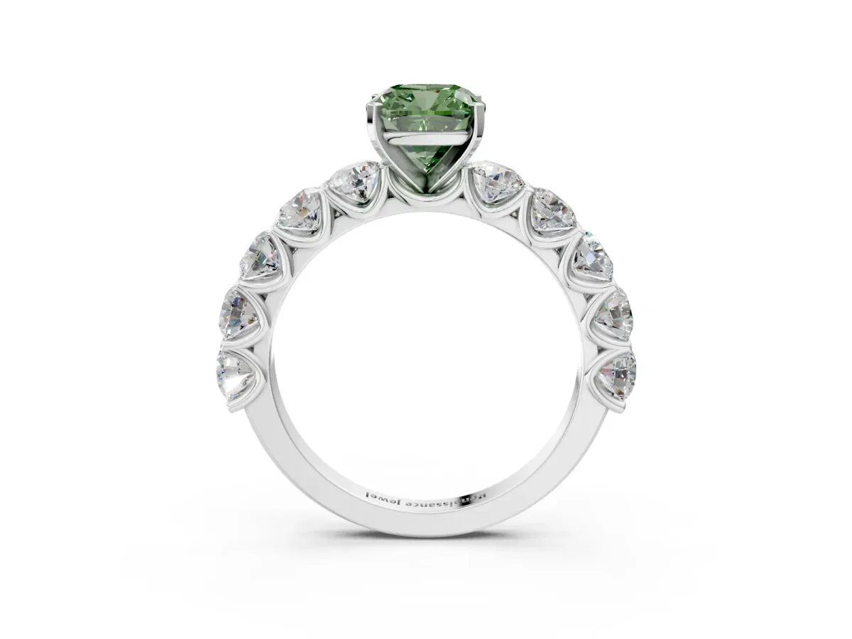 Fancy Green Cushion Cut Diamond Prong Setting with Side Stones on a Pave Band Silver