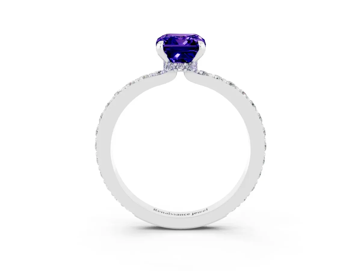 Emerald Cut Tanzanite Solitaire Engagement Ring with Pavé Band and Four-Prong Setting Silver