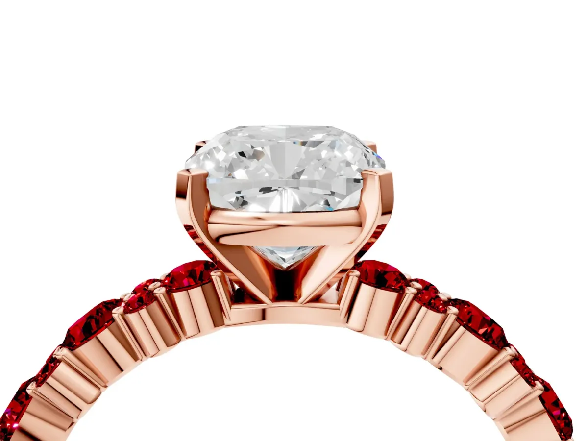 Cushion Cut Diamond Side Stone Solitaire Ring with Round Ruby and Four-Prong Setting Rose gold