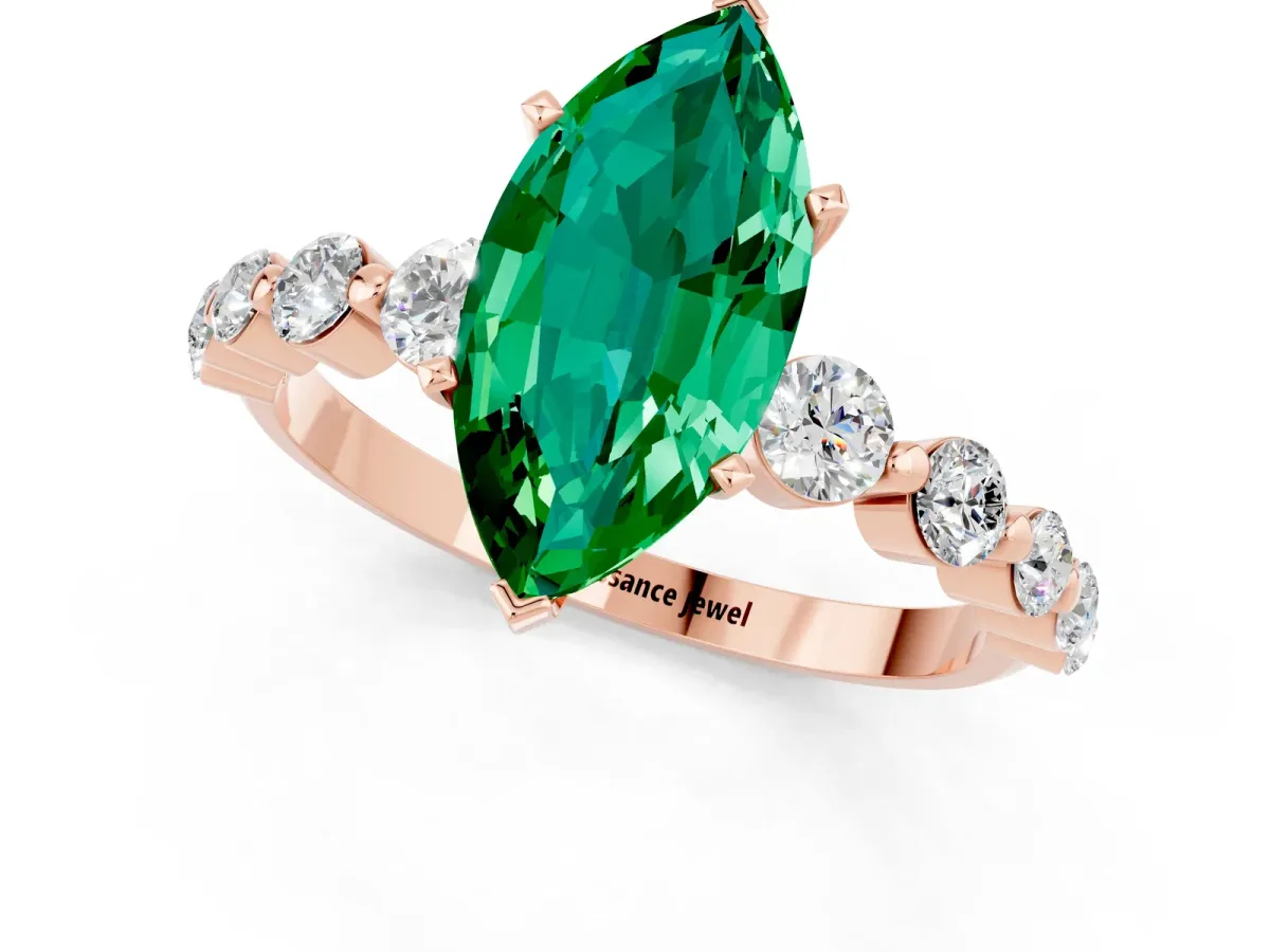 Marquise Cut Solitaire Emerald Ring with Pave Band and Four-Prong Setting Rose gold