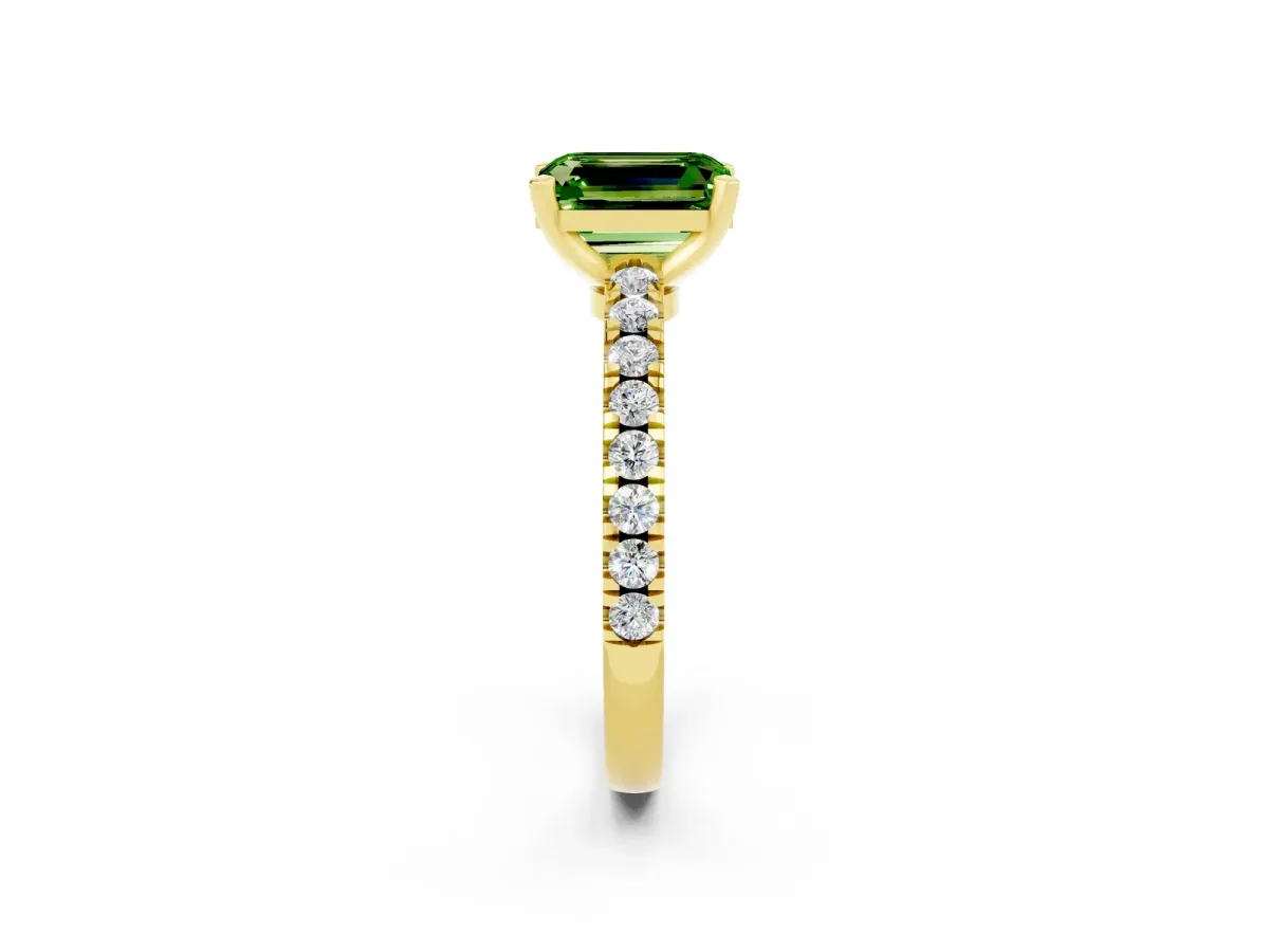 Emerald Cut Solitaire Peridot with Pavé Band and Four-Prong Setting Yellow gold