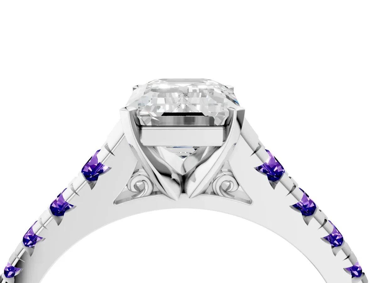 Emerald Cut Diamond Cathedral Solitaire Ring with Round Tanzanite Pavé Band Silver