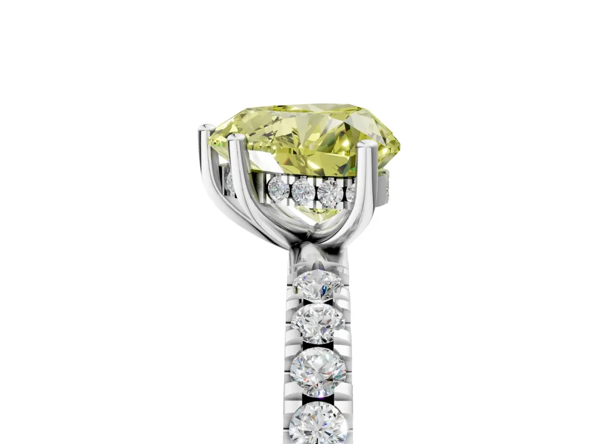 Fancy Yellow Heart Cut Diamond Pave Band Solitaire Ring with Round and Prong Setting Silver