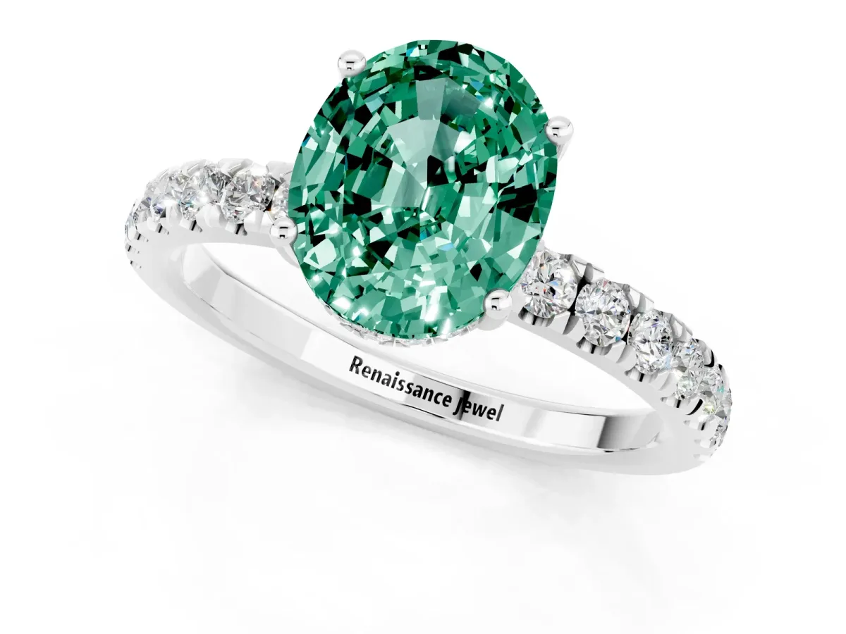 Oval Cut Green Sapphire Pave Band Solitaire Ring with Round and Prong Setting Silver