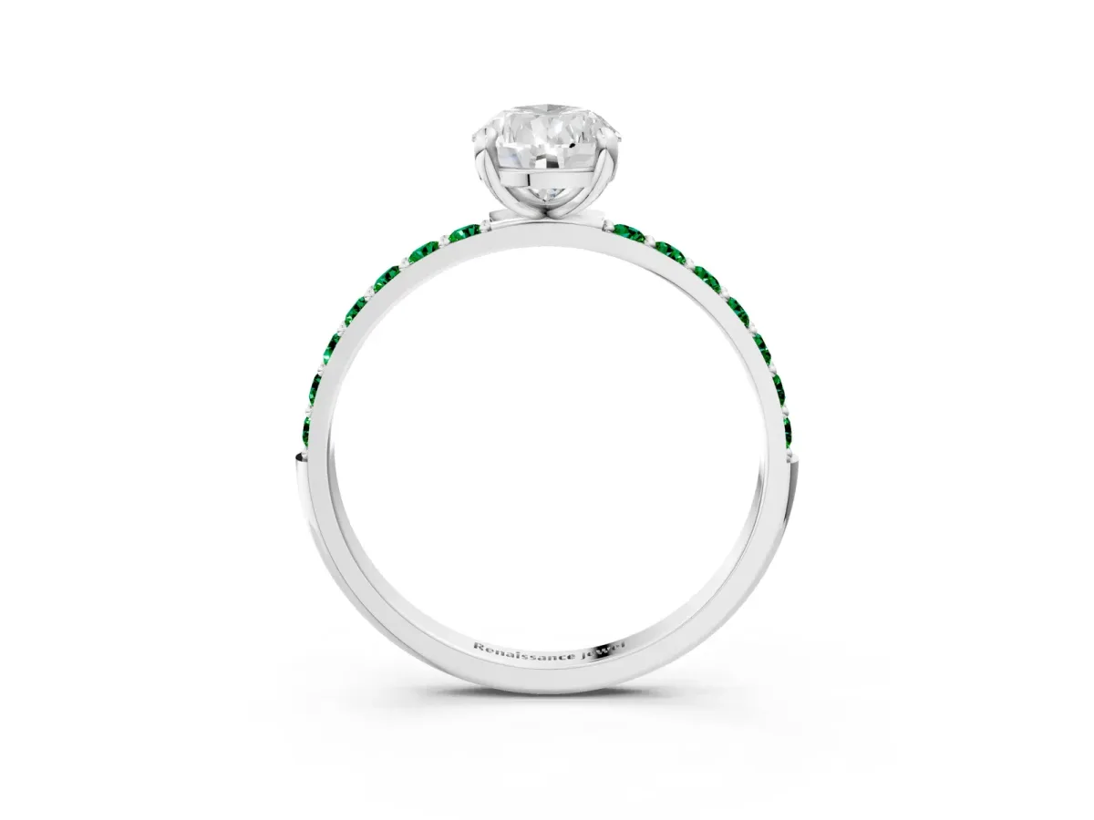 Pear Cut Diamond Solitaire Ring with Round Emerald Pavé Band and Prong Setting Silver