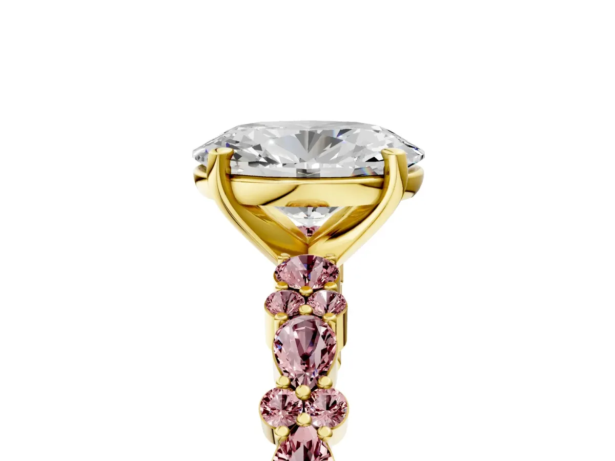 Oval Cut Diamond Side Stone Solitaire Ring with Round Morganite and Four-Prong Setting Yellow gold