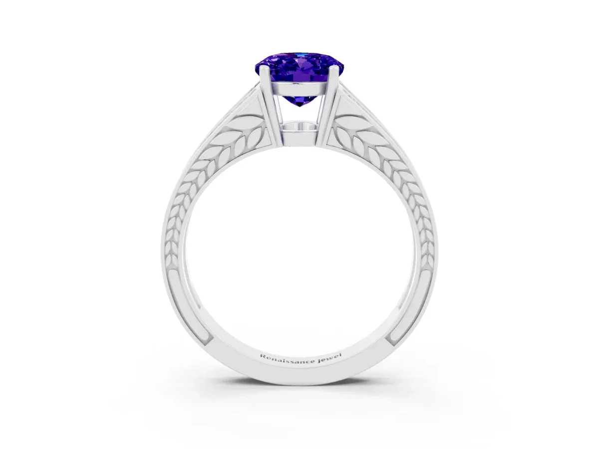 Oval Cut Tanzanite Split Shank Ring with Pavé Band and Four-Prong Setting White gold