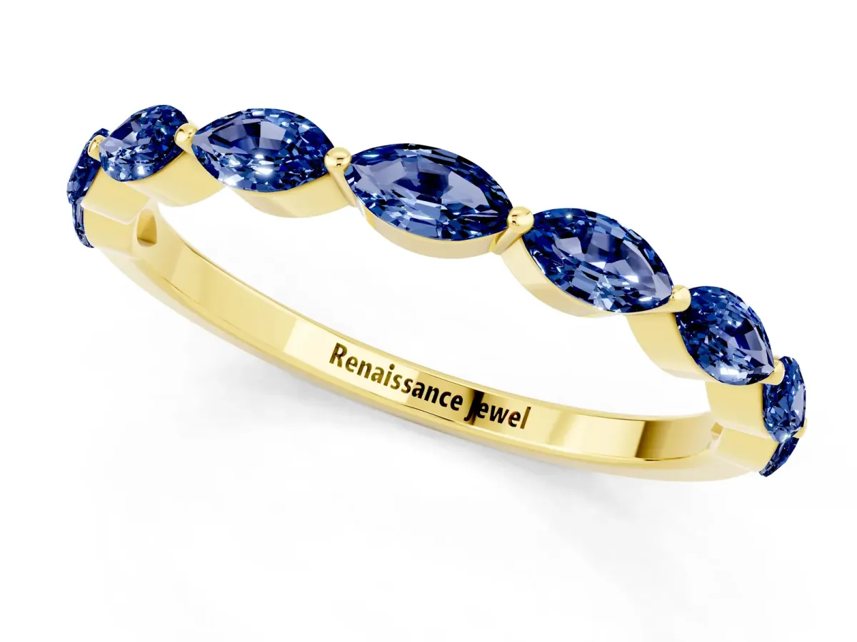 Marquise Blue Sapphire Half Eternity Band with Prong Setting Yellow gold