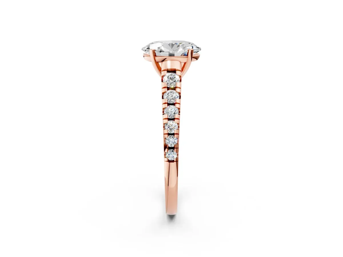 Oval Cut Diamond Cathedral Solitaire Ring with Round Pavé Band Rose gold