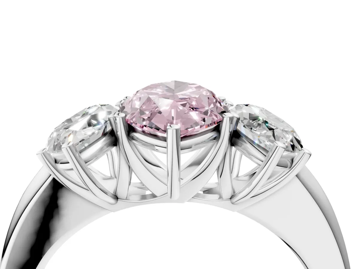 Fancy Pink Marquise Cut Diamond Three-Stone Ring with Four-Prong Setting and Classic Band Platinum