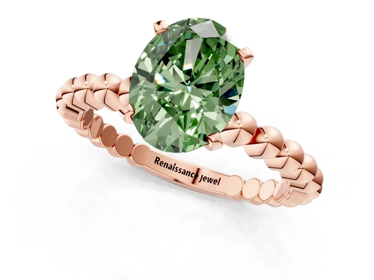 Fancy Green Oval Cut Diamond Solitaire Ring with Beaded Band and Prong Setting Rose gold
