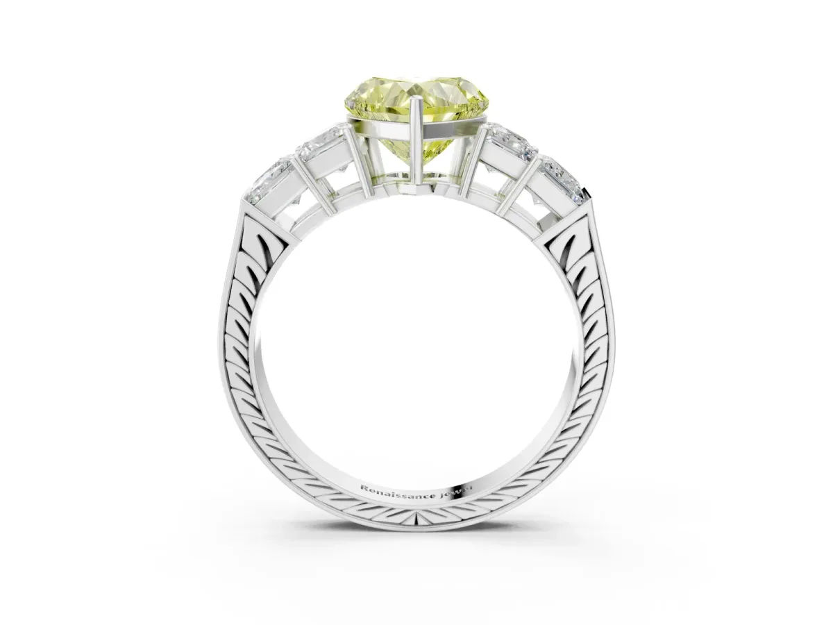 Fancy Yellow Heart Cut Solitaire Princess Side Stone Engraved Band Prong Setting Ring Silver