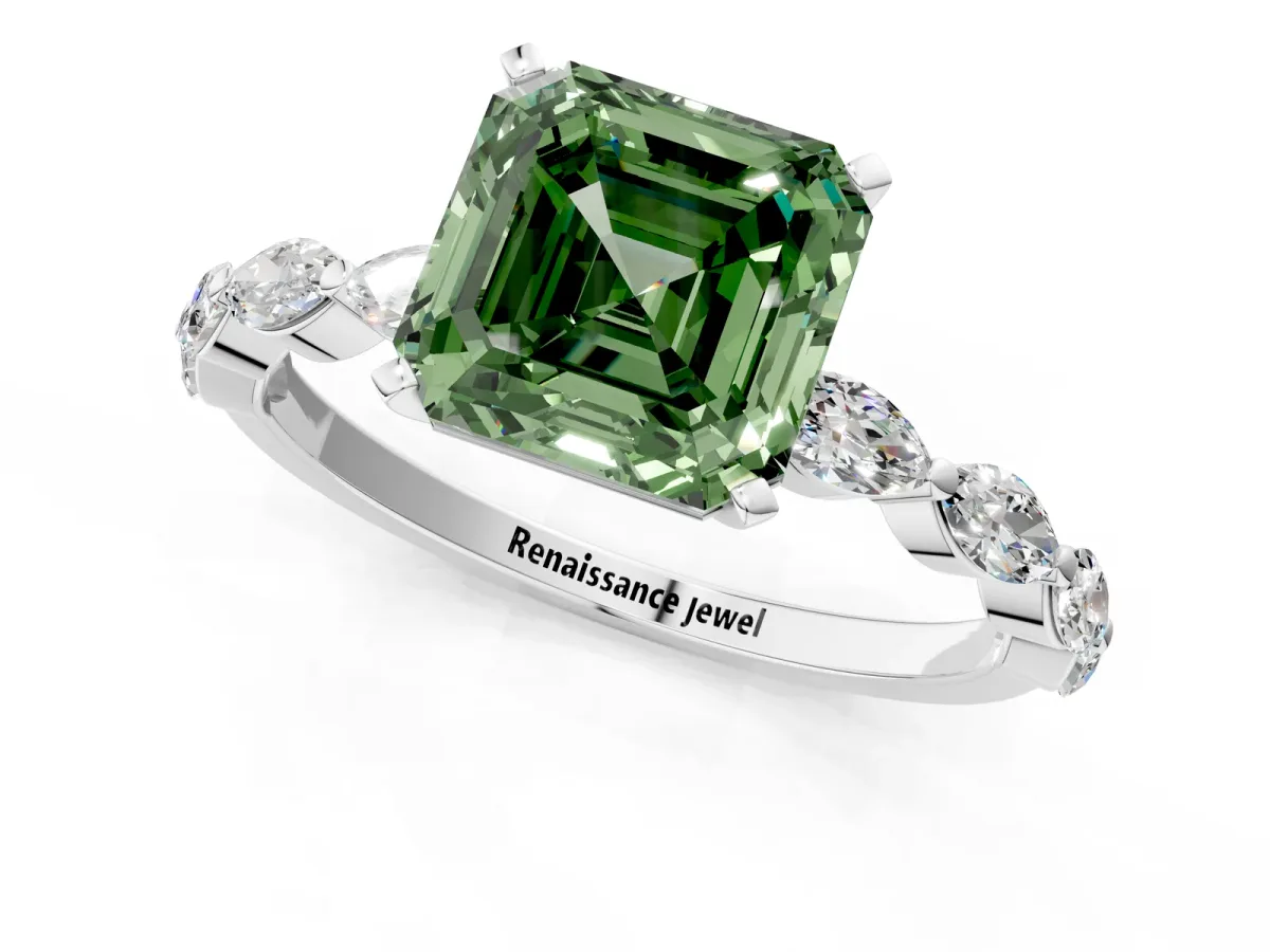 Fancy Green Asscher Cut Diamond Ring with Marquise Side Stones and Prong Setting Platinum