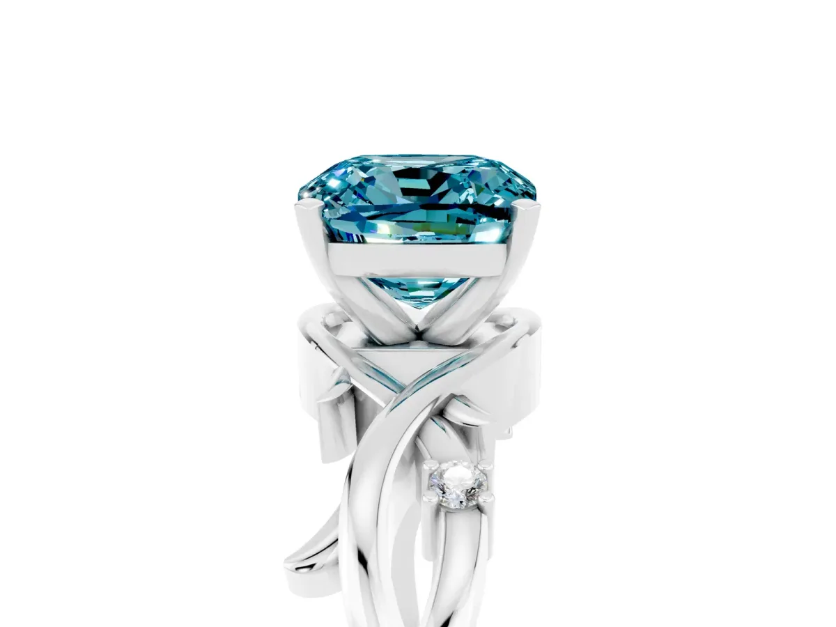 Cushion Cut Blue Topaz Solitaire Ring with Twisted Band and Prong Setting Platinum
