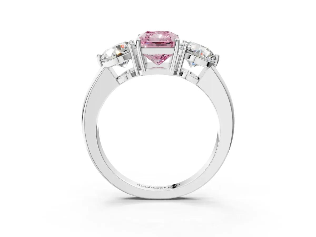 Fancy Pink Radiant Cut Diamond Three-Stone Ring with Prong Setting and Classic Band Platinum