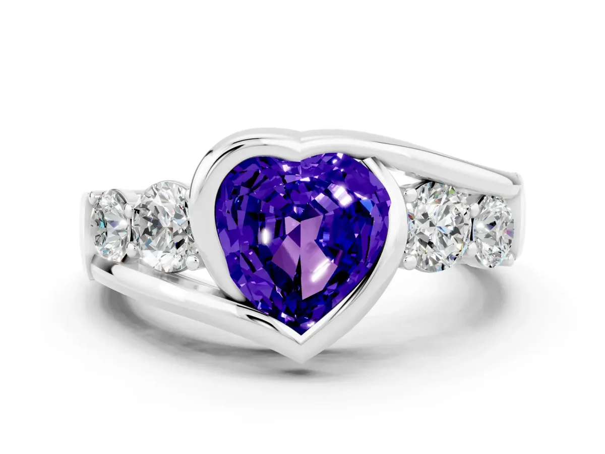 Bezel Set Heart Cut Tanzanite Bypass Ring with Round Accents Silver