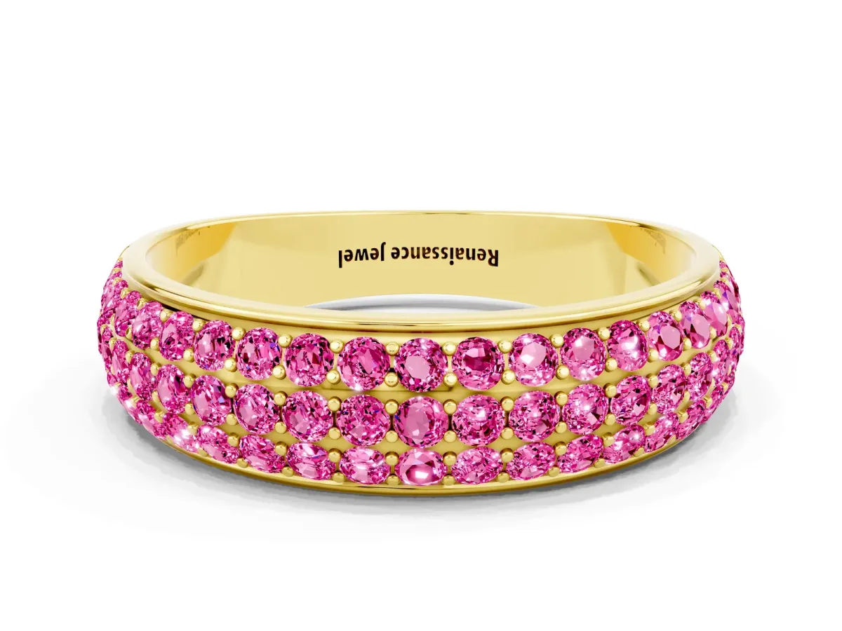 Three-Row Round Pink Sapphire Eternity Band with Shared Prong Setting Yellow gold