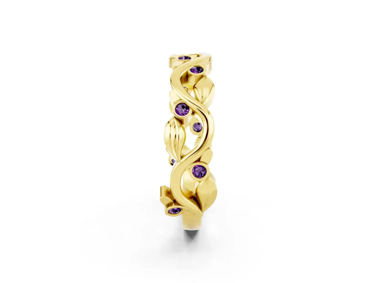 Round Amethyst Leaf Eternity Band with Bezel Setting Yellow gold
