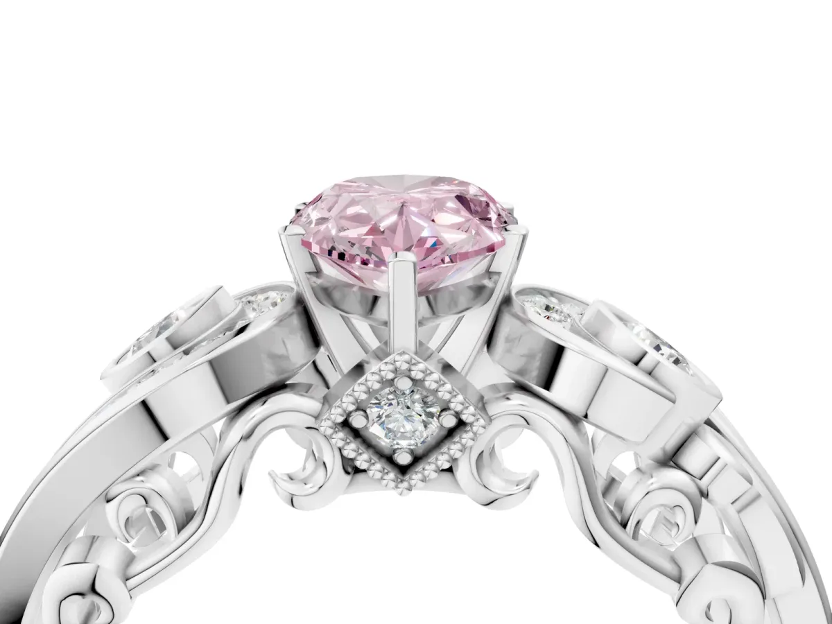 Fancy Pink Pear Cut Diamond Solitaire Ring with Milgrain Pavé Band and Four-Prong Setting Silver