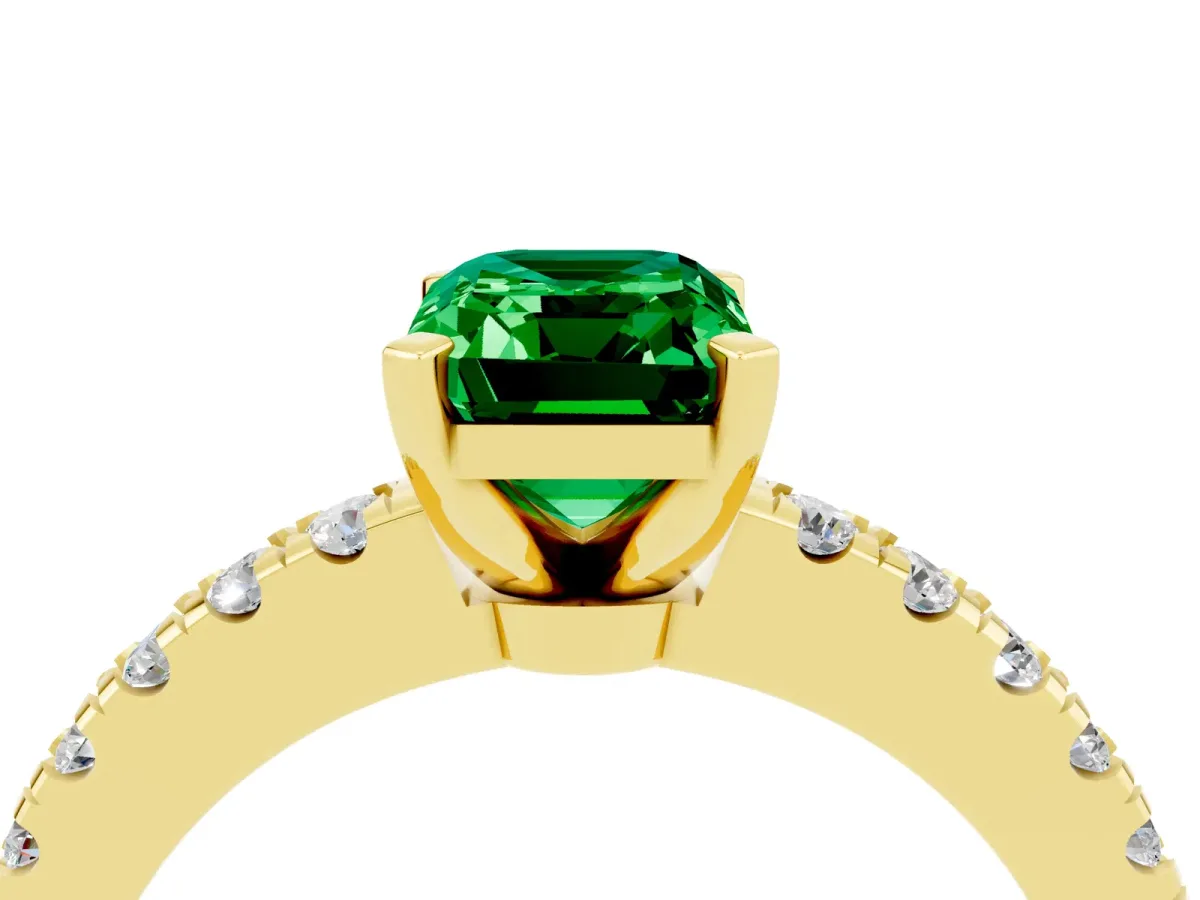 Emerald Cut Solitaire Emerald with Pavé Band and Four-Prong Setting Yellow gold