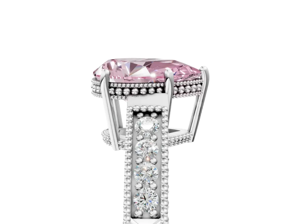 Fancy Pink Pear Cut Diamond Ring with Milgrain Pavé Band and Four-Prong Setting Platinum