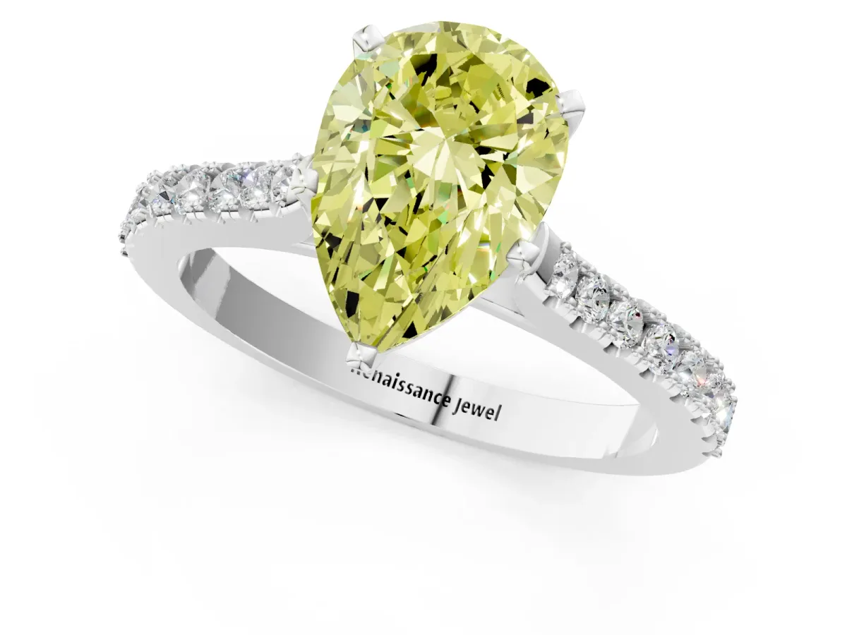 Fancy Yellow Pear Cut Cut Solitaire Diamond Engagement Ring with Pave Band and Four-Prong Setting Silver