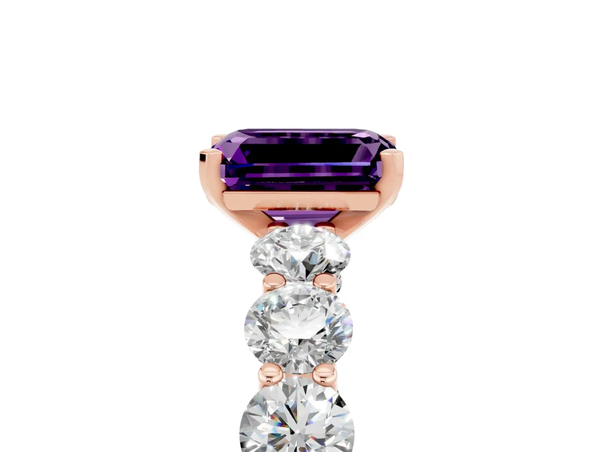 Emerald Cut Amethyst Prong Setting with Side Stones on a Pave Band Rose gold