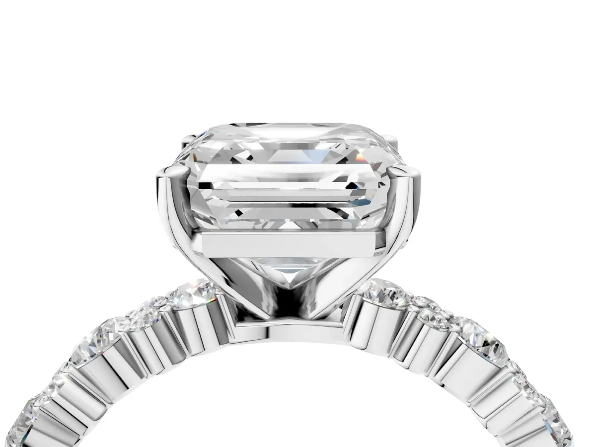 Asscher Cut Diamond Side Stone Solitaire Ring with Round and Four-Prong Setting Silver