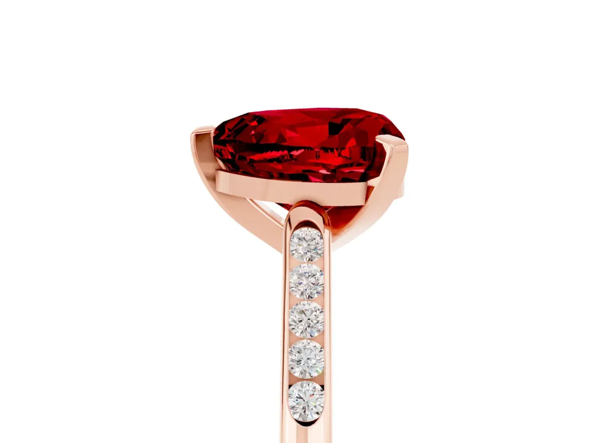 Heart Cut Ruby Solitaire Ring with Channel Set Round Band and Prong Setting Rose gold
