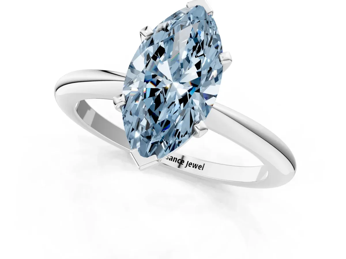 Fancy Blue Marquise Cut Diamond Solitaire Ring with Six-Prong Setting and Classic Band Silver