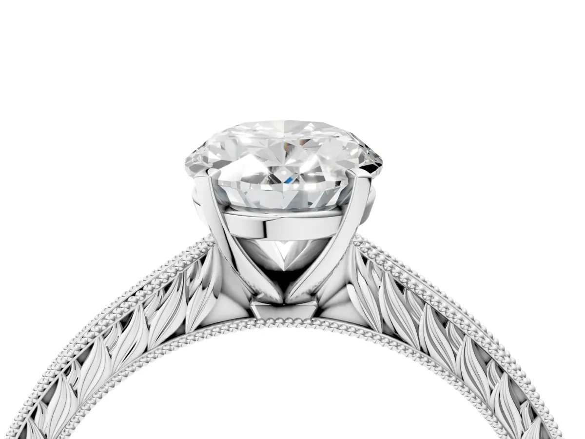 Oval Cut Solitaire Milgrain Engraved Band with Four-Prong Setting White gold