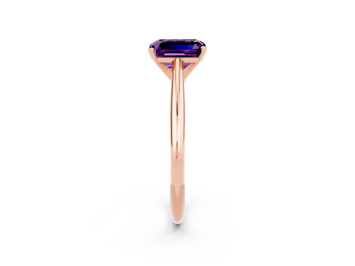 Emerald Cut Amethyst Solitaire Engagement Ring with Cathedral Setting and Four-Prong Mount Rose gold