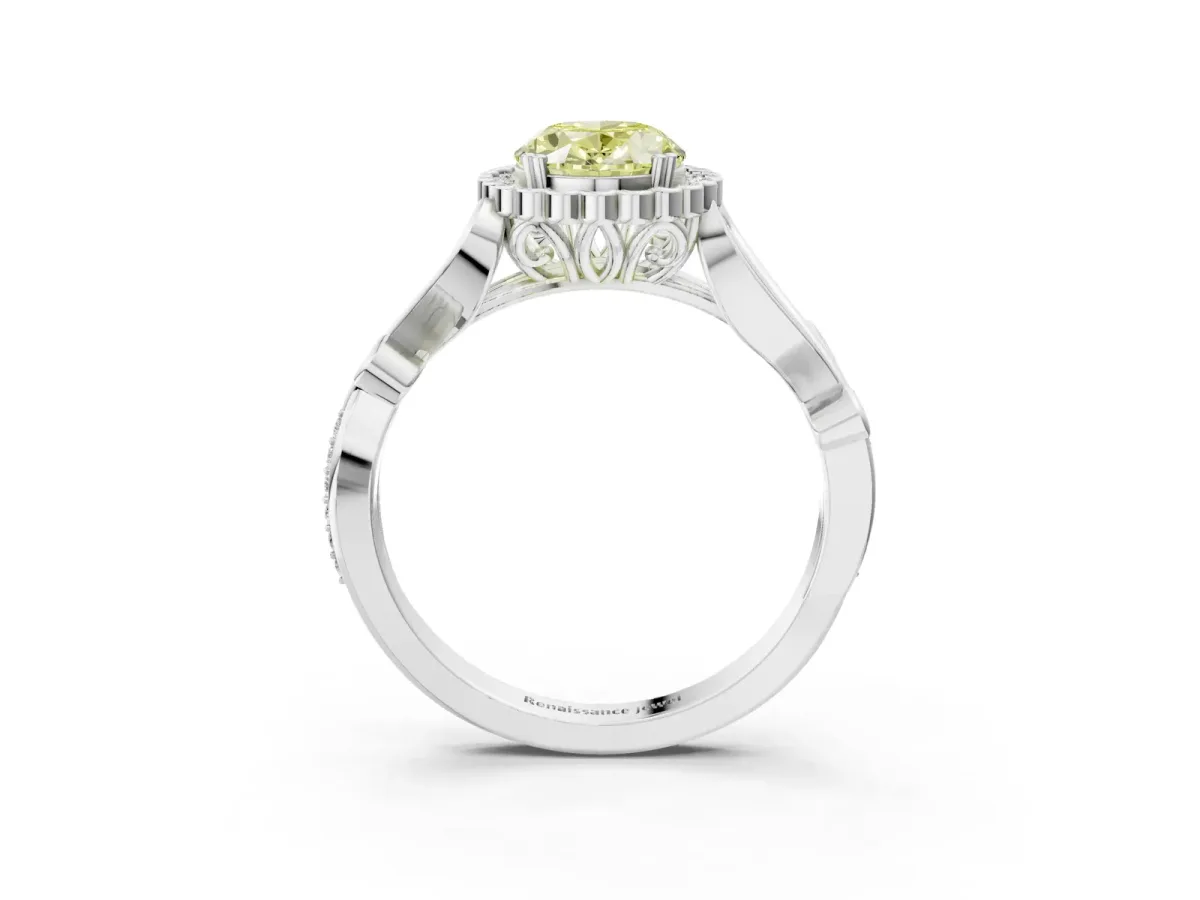 Fancy Yellow Oval Cut Diamond Halo Ring with Vintage Split Shank and Four-Prong Setting Silver