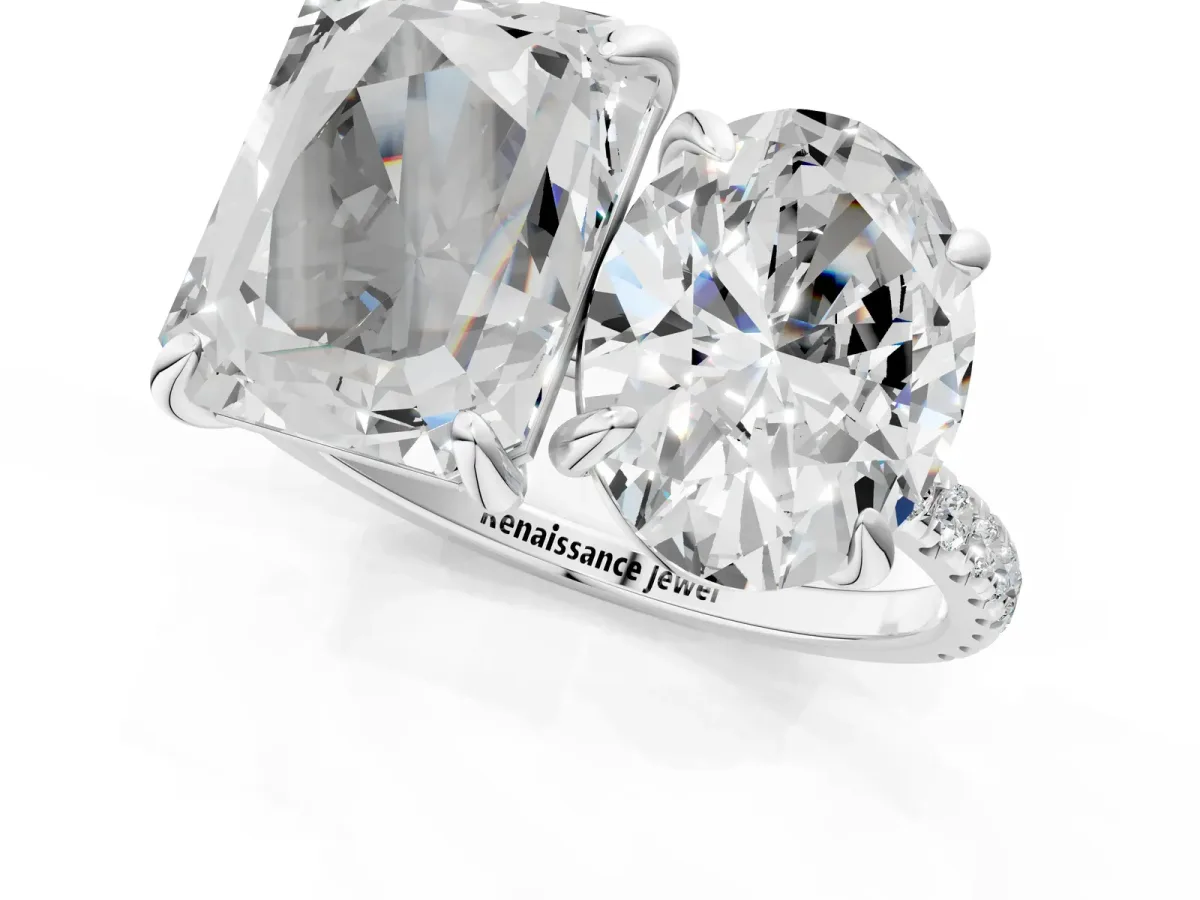 Oval and Emerald Toi Moi Ring with Prong Setting and Micro Pave Band Silver