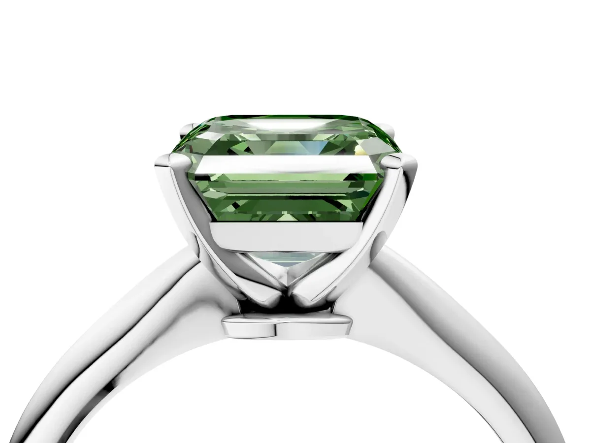 Fancy Green Asscher Cut Diamond Solitaire Engagement Ring with Classic Band and Four-Prong Setting Silver
