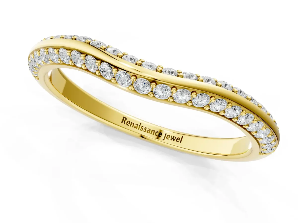 Pavé Round Diamond Wave Band with Shared Prong Setting Yellow gold