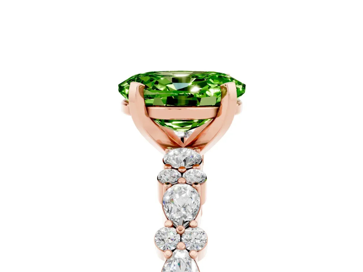 Oval Cut Peridot Side Stone Solitaire Ring with Round and Four-Prong Setting Rose gold