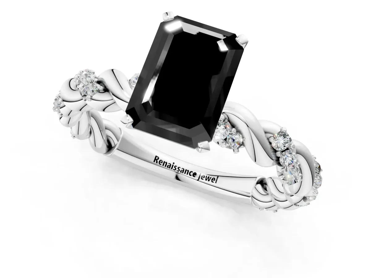 Fancy Black Emerald Cut Diamond Solitaire Ring with Twisted Band and Pavé Accents Platinum